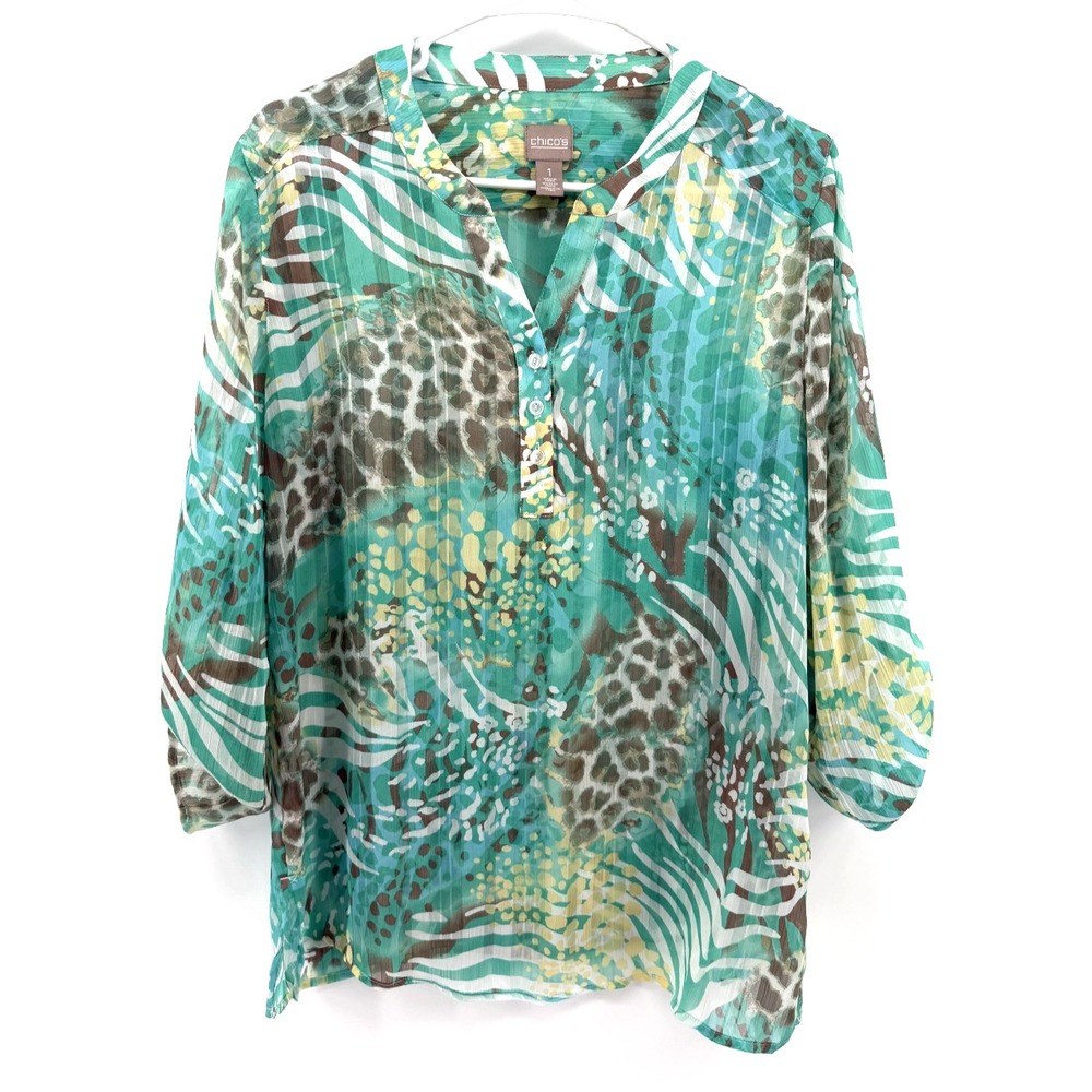 Chicos Green Animal Print 3/4 Sleeve Shirt Sheer Tropical Artsy Ocean Women 1/M